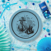 Piratenschiff und Anker Schwarze Silhouette Papier Pappteller (Party)