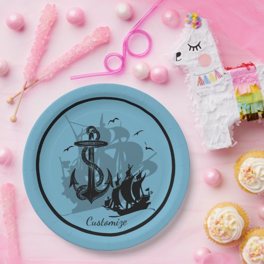 Piratenschiff und Anker Schwarze Silhouette Papier Pappteller (Party)