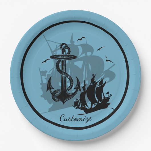 Piratenschiff und Anker Schwarze Silhouette Papier Pappteller (Vorderseite)