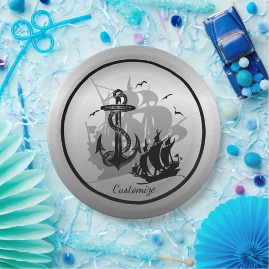 Piratenschiff und Anker Schwarze Silhouette Papier Pappteller (Party)