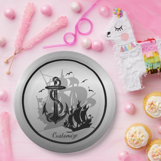 Piratenschiff und Anker Schwarze Silhouette Papier Pappteller (Party)
