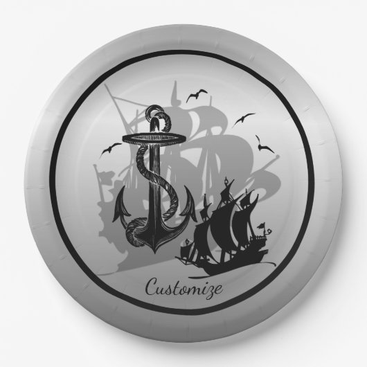 Piratenschiff und Anker Schwarze Silhouette Papier Pappteller (Vorderseite)