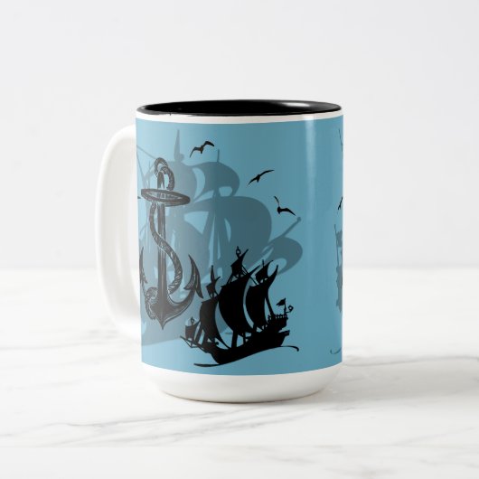 Piratenschiff und Anker Schwarze Silhouette Tasse (Vorderseite Links)