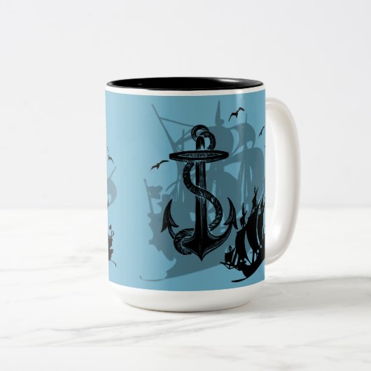 Piratenschiff und Anker Schwarze Silhouette Tasse (VorderseiteRechts)