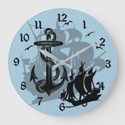 Piratenschiff und Anker Schwarze Silhouette Uhr 2 (Vorderseite)