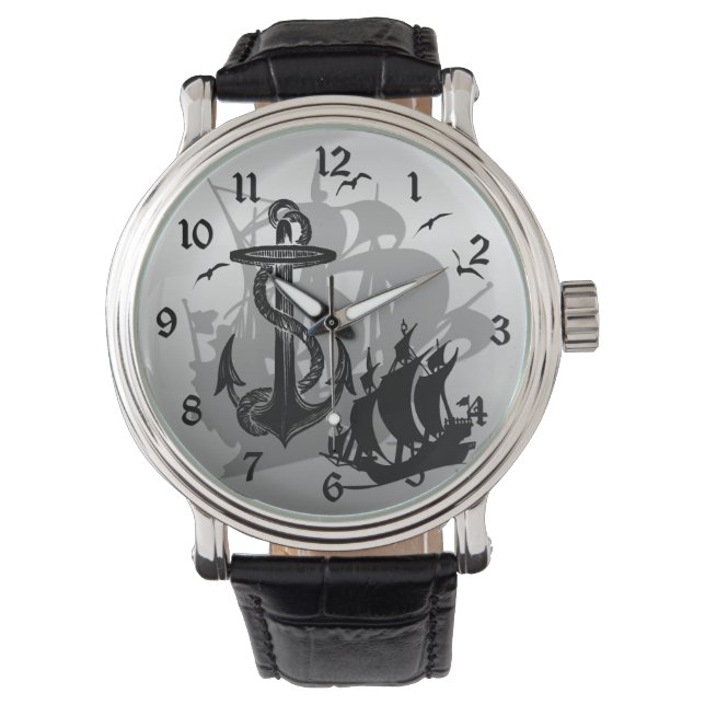 Piratenschiff und Anker Schwarze Silhouette Uhr 2 (Vorderseite)