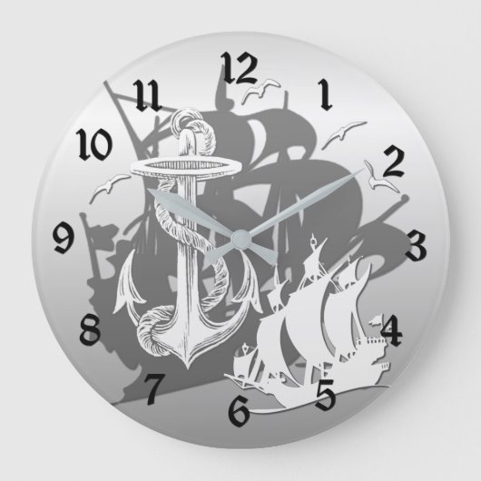 Piratenschiff und Anker Uhr Weiße Silhouette (Vorderseite)