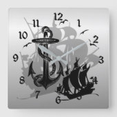 Piratenschiff- und Ankermauer-Silhouette Quadratische Wanduhr (Vorderseite)