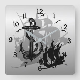 Piratenschiff- und Ankermauer-Silhouette Quadratische Wanduhr