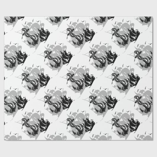 Piratenschiff und Ankerpapier, schwarze Silhouette Geschenkpapier (Flach)