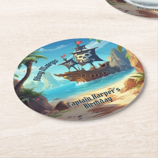 Piratenschiff zum Geburtstag Runder Pappuntersetzer (Angewinkelt)