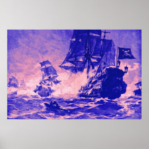 PIRATENSCHIFFSCHLACHT IN BLAU UND ROSA POSTER