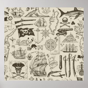 Piratenthema: Vintage nautische Muster. Poster
