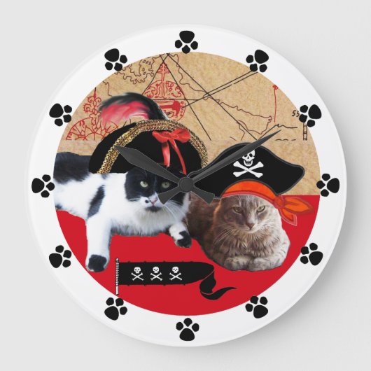 PIRATKATZEN UND KARTEN DER ANTIQUEN PIRATE GROßE WANDUHR (Vorderseite)