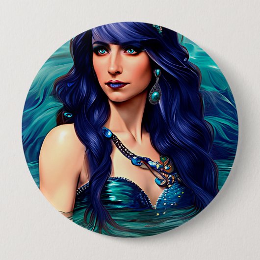 Pisces Blue Mermaid Queen Original Fantasy Art Button (Vorderseite)