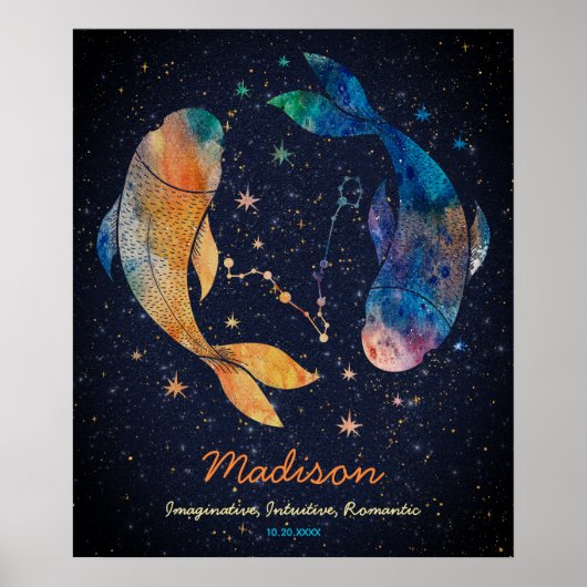 Pisces Constellation Zodiac Watercolor Star Galaxy Poster (Vorne)