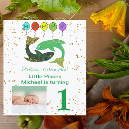 Pisces First Birthday Gold, Balloons & Foto Einladung