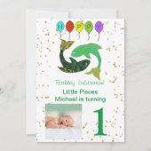 Pisces First Birthday Gold, Balloons & Foto Einladung (Vorderseite)