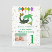 Pisces First Birthday Gold, Balloons & Foto Einladung (Stehend Vorderseite)