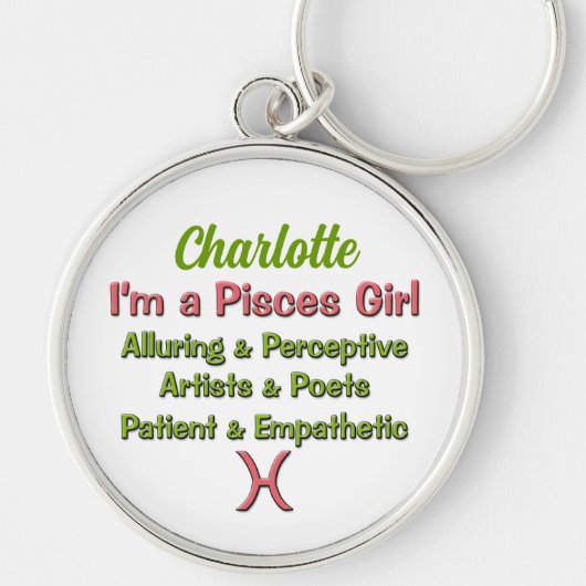 Pisces Girl Zodiac in Pink mit Grün Schlüsselanhänger (Vorne)