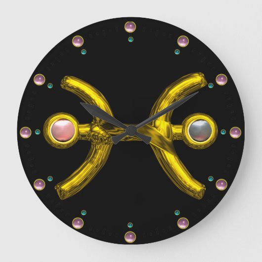 PISCES GOLD ZODIAC BIRTHDAY JEWEL WITH PEARL,Black Große Wanduhr (Vorderseite)