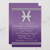 Pisces Symbol in Chrome auf Amethyst Birthday Part Einladung (Vorne/Hinten)