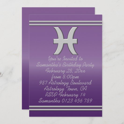 Pisces Symbol in Chrome auf Amethyst Birthday Part Einladung (Vorne/Hinten)