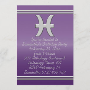 Pisces Symbol in Chrome auf Amethyst Birthday Part Einladung