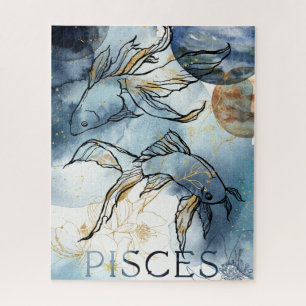 Pisces twin fish zodiac black gold flowers planets puzzle