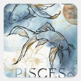Pisces twin fish zodiac black gold flowers planets quadratischer aufkleber