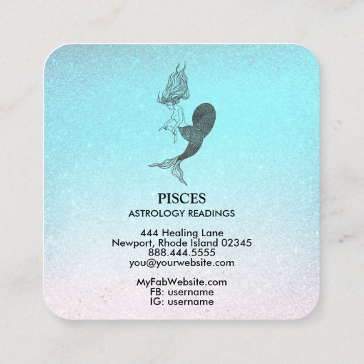 *~* PISCES Zodiac Astrologie Lesen Aqua Glitzer Quadratische Visitenkarte (Rückseite)