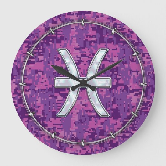 Pisces Zodiac auf Fuchsia Pink Digital Camouflage Große Wanduhr (Vorderseite)