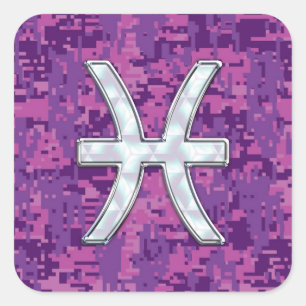 Pisces Zodiac auf Fuchsia Pink Digital Camouflage Quadratischer Aufkleber