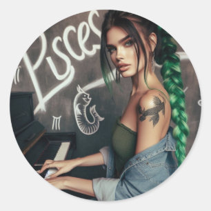 Pisces Zodiac Musician Piano Runder Aufkleber