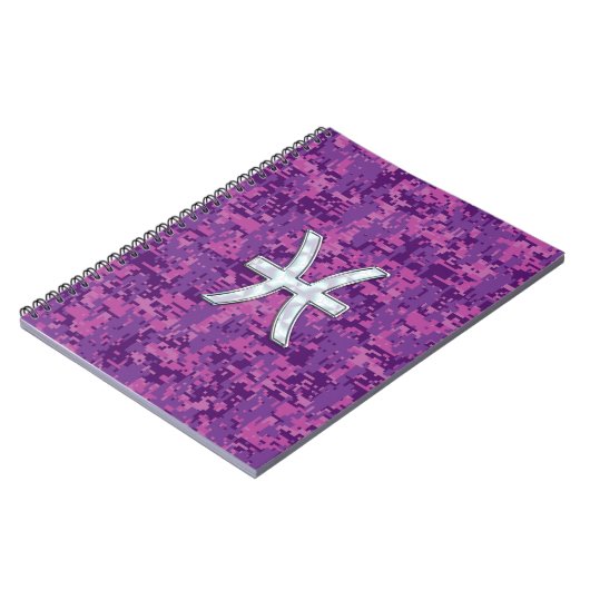 Pisces Zodiac Sign auf Fuchsia Digital Camouflage Notizblock (Linke Seite)