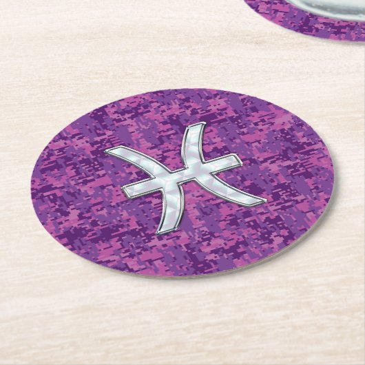 Pisces Zodiac Sign auf Fuchsia Digital Camouflage Runder Pappuntersetzer (Angewinkelt)