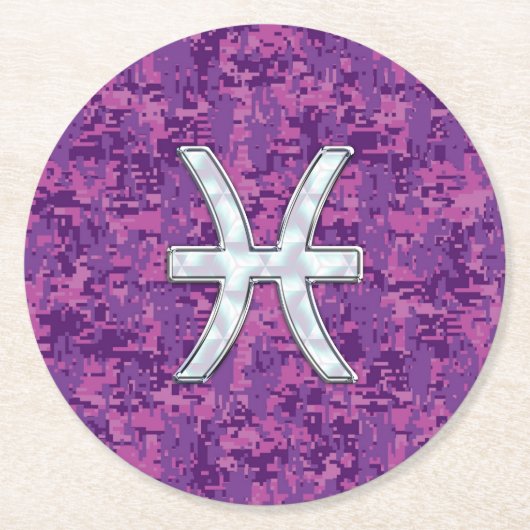 Pisces Zodiac Sign auf Fuchsia Digital Camouflage Runder Pappuntersetzer (Vorderseite)