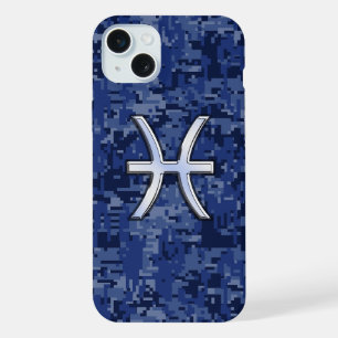 Pisces Zodiac Sign auf Navy Blue Digital Camouflag iPhone 15 Plus Hülle