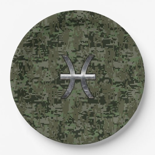 Pisces Zodiac Sign auf Woodland Digital Camouflage Pappteller (Vorderseite)