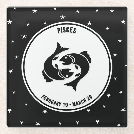 Pisces Zodiac Sign, Black & White Glass Untersetze Glasuntersetzer (Vorderseite)