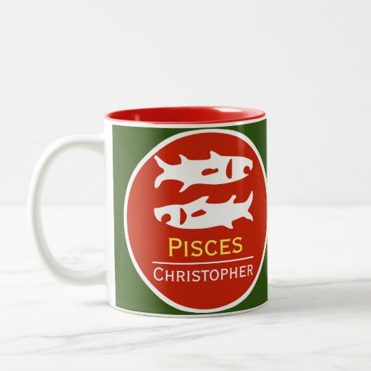 Pisces Zodiac Star Sign mit dem Namen des Eigentüm Zweifarbige Tasse (Links)