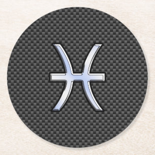 Pisces Zodiac Symbol auf Carbon Fibre Print Runder Pappuntersetzer