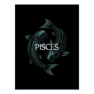 Pisces Zodiac – Vintage Fish in Teal on Black Poster