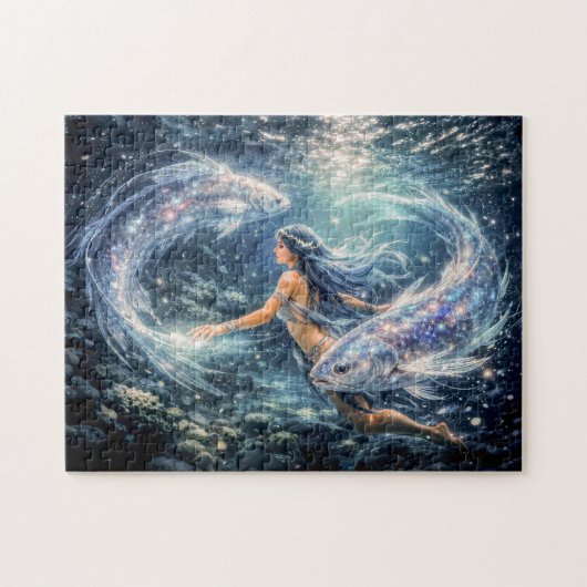 Pisces Zodiac with Woman Surrounded by Two Glowing Puzzle (Horizontal)