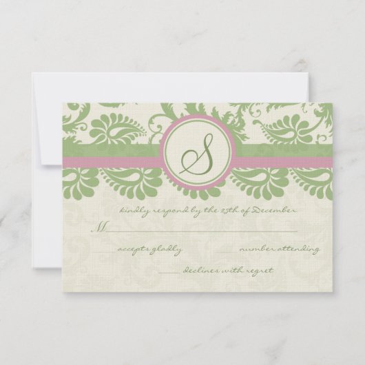 Pistachio Clover Rose Petal Damask Wedding UAWG RSVP Karte (Rückseite)