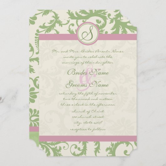 Pistachio Clover Rose Petal Damask Wedite Invite Einladung (Vorne/Hinten)