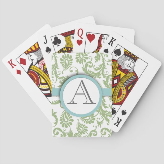 Pistachio Damask Monogramed Aqua Playing Cards Spielkarten (Rückseite)