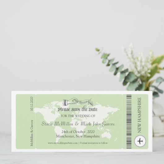 Pistachio Green Boarding Pass Save the Date (Stehend Vorderseite)