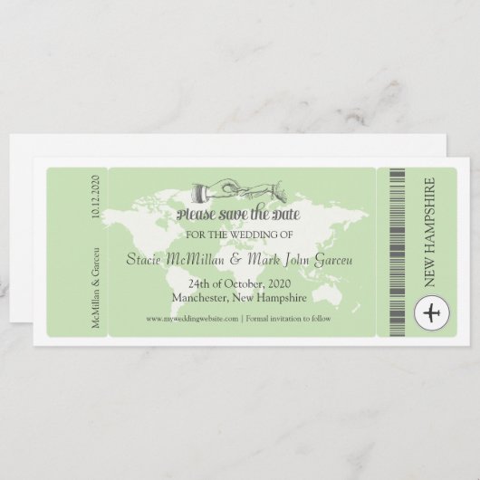 Pistachio Green Boarding Pass Save the Date (Vorne/Hinten)