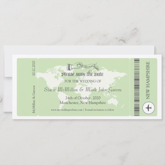 Pistachio Green Boarding Pass Save the Date (Vorderseite)